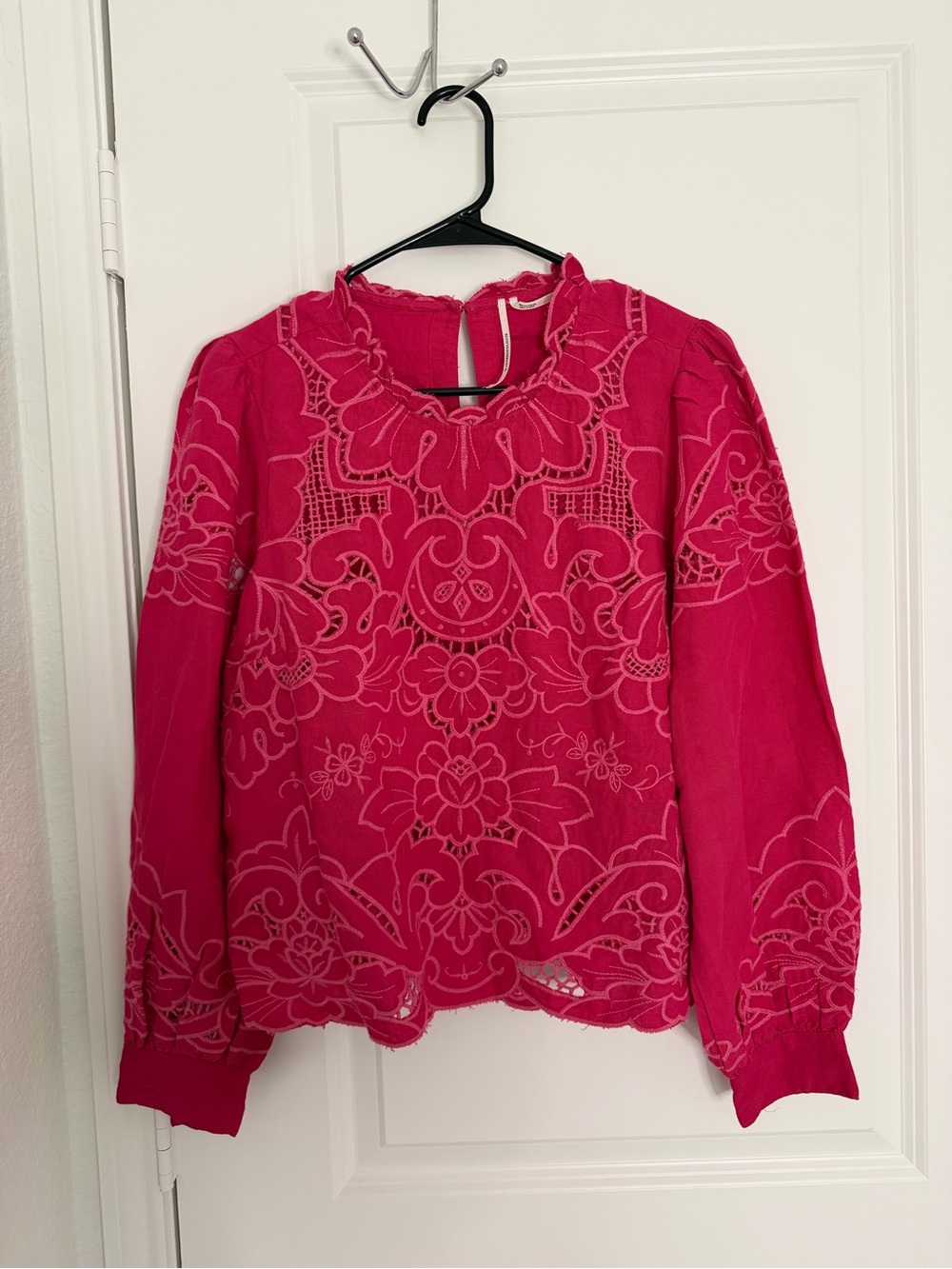 Anthropologie Hot Pink Embroidered Long-Sleeve Blouse